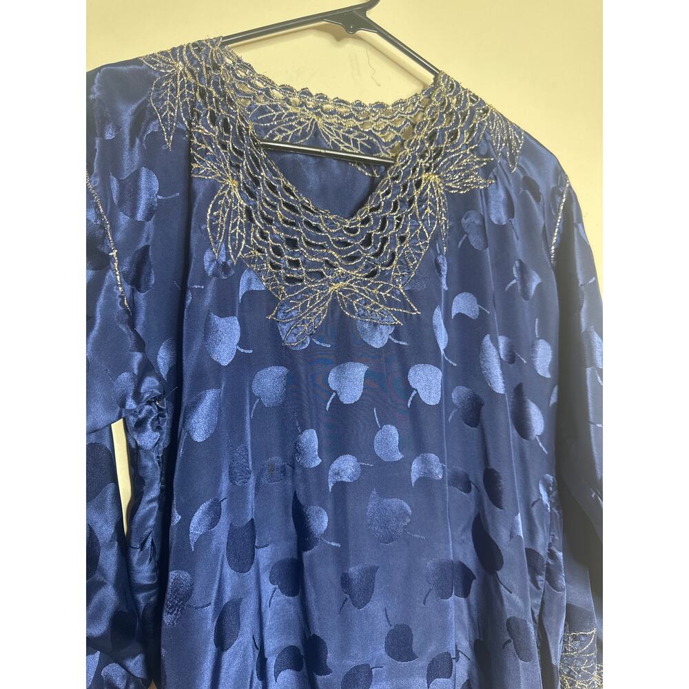 Vintage Kaftan Muumuu Navy with jacquard leaf pattern and embroidery - Picture 3 of 4